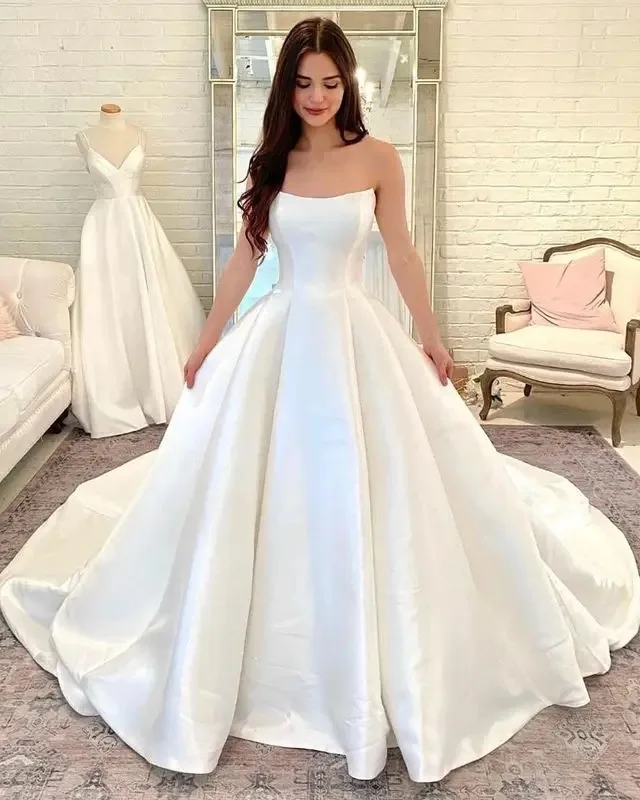 Vestidos de novia clásicos de satén marfil, vestidos de cola sin tirantes con hombros desmontables, vestido de matrimonio personalizado