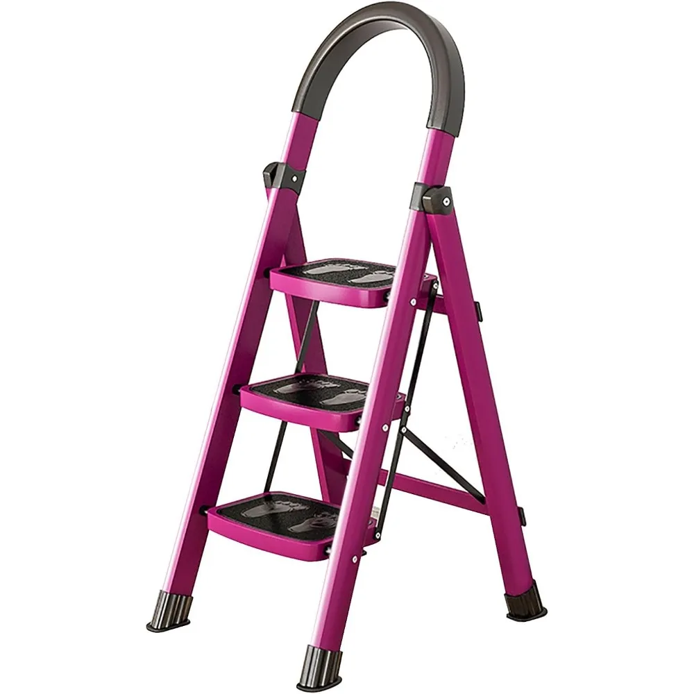 

3/4/5 Step Ladder - Non-Slip Folding Ladder, Wide Steps, Carry Handle, Strong Steel with Safety Clip, Compact Storage, for Clean