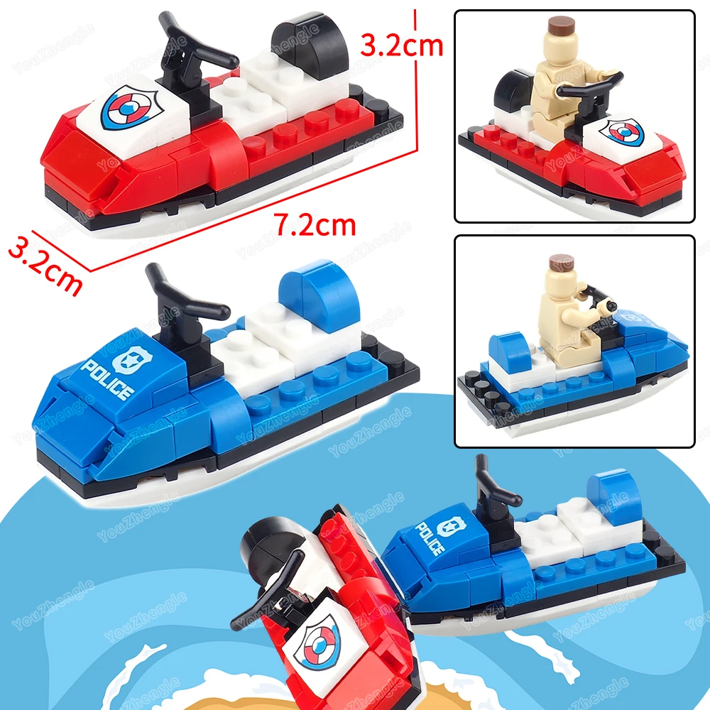 Blocs de construction de bateau à moteur de mer, figurines MOC, patrouille de sauvetage, motomarine, équipement de bateau à moteur rouge et bleu, scènes, modèles cadeaux, jouets pour garçons