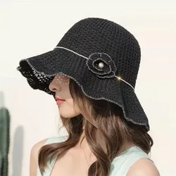 Black Hat Spring Summer Hat Korean Foldable Beach Straw Flower Leisure Sun Protuction Fisherman Bucket Hat for Women Panama Caps