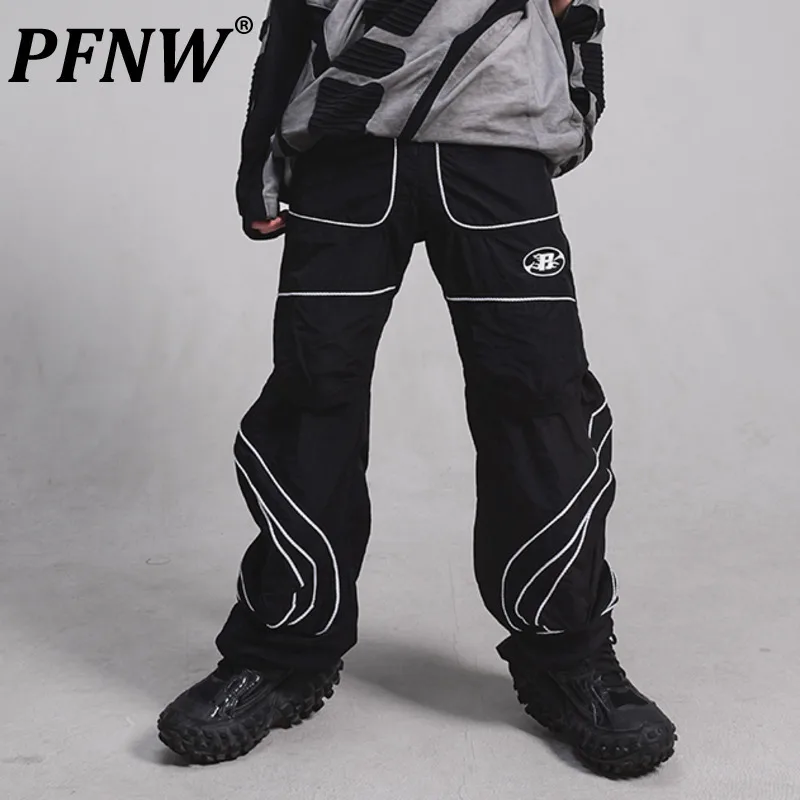 PFNW High Quality Reflective Paneled Silhouette Geometric Casual Pants Men's Niche Design Wide Leg Drawstring Trousers 12C2057