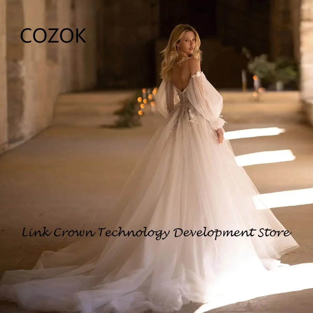 COZOK Champagne V Neck Bridal Gowns with Lace Full Sleeeve Off Shoulder Wedding Dresses 2024 Summer New Soft Tulle Robe De 2025