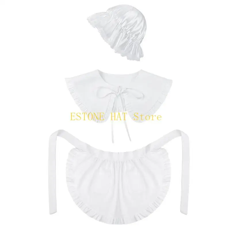 49MF Colonial Costume White Bonnet Shawl Maid Half Apron White Rufled Cap for Women