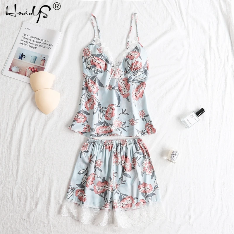 

Женский пижамный комплект с цветочным принтом, кружевной и бант, жилет с v-образным вырезом, мягкий бюстгальтер на груди и эластичные шорты, дышащая одежда для сна, пижамы