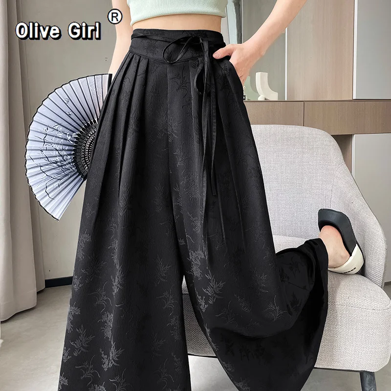 Damskie spodnie z szerokimi nogawkami 2026, luźne, satynowe, nowe, z wysokim stanem, wiosenno-letnie, sznurowane, jednolite, proste spodnie z wysokim stanem dla kobiet.