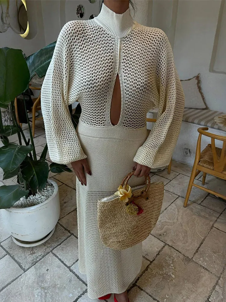 Women sexy Hollow Knitted  Cut Out Bell Long Dress Fashion Full Sleeve High Waist Patchwork Dresses Lady Chic Beach Robes