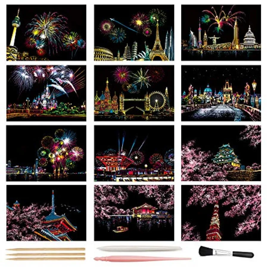 Magic Scratch Art Paper, Mini Envelope Postcard, Rainbow Night View Scratchboard for Adults and Teens, Art and Crafts Set: 12 S