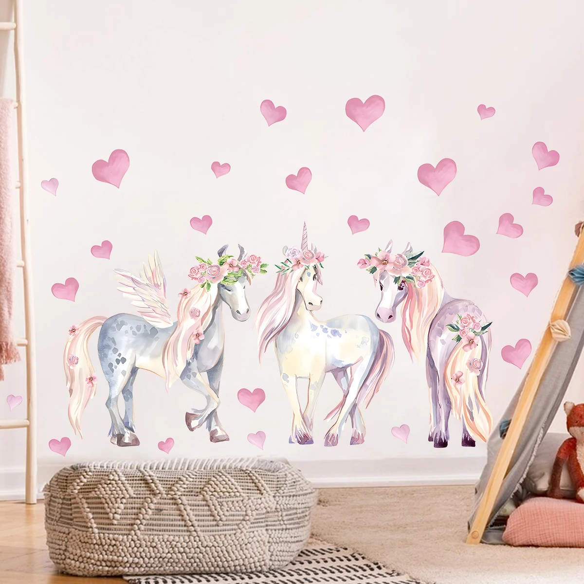 Pink Heart Cartoon Unicorn Wall Stickers Home Decor Accessories Living Room Wall Decals Bedroom Decoration Baby Nursery Kid Room