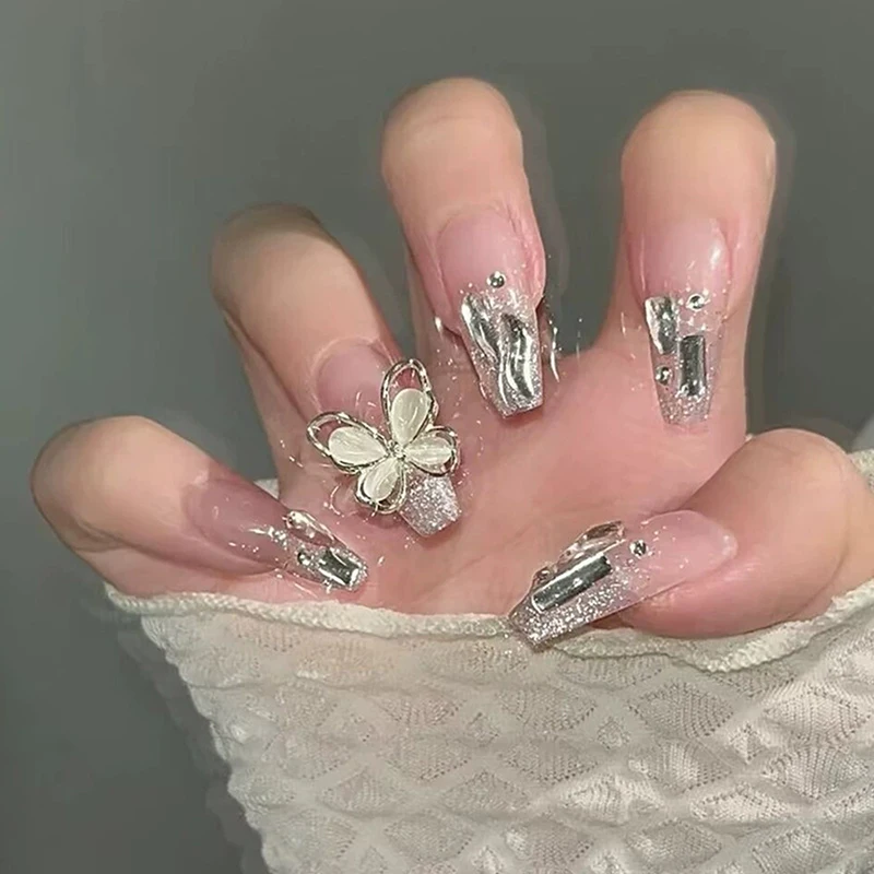 24 Uds uñas postizas simples con pegamento de gelatina diseño de mariposa gradiente rosa blanco prensa francesa en uñas postizas cobertura completa puntas de uñas