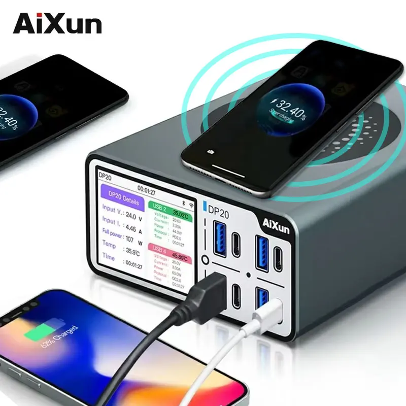 

AIXUN DP20 Настольное умное быстрое зарядное устройство для iPhone Android PD QC Быстрая зарядка 4-канальная зарядка с двумя интерфейсами 110 В 220 В