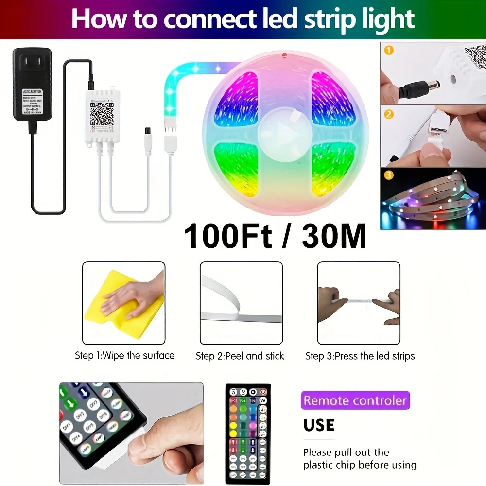 100ft Led Strip oświetlenie do sypialni lampa RGB do synchronizacji muzyki z pilotem i kontrola aplikacji paskiem USB do imprezowy festiwalowy