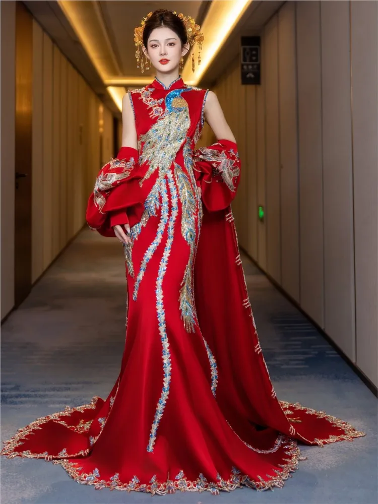 Heavy industry wedding bride's dress engagement tail-length cheongsam luxurious dragon and phoenix gown