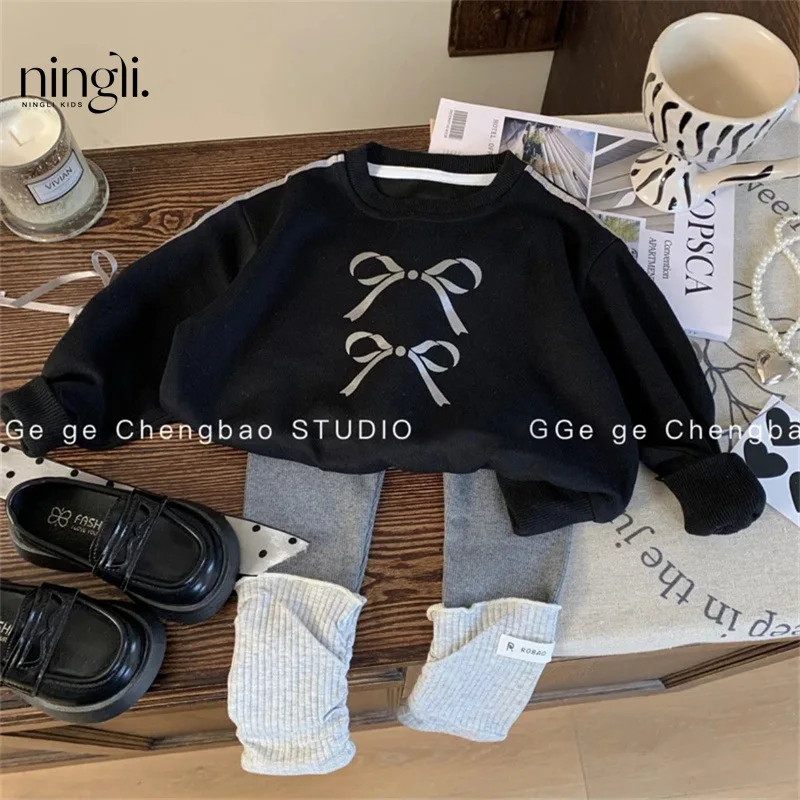 

NL-Girls' Suit Black, Hoodie Cotton Autumn New Western Style Children's Sweet Bow Western Style Pullover