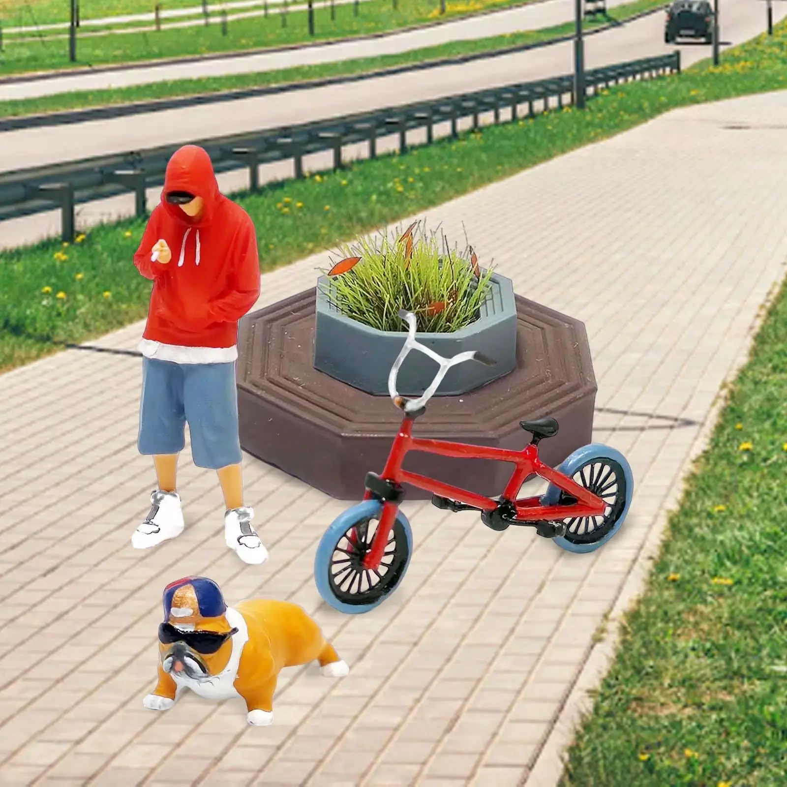 4 Pieces 1:64 Scale People Model Boy Figure with Flowerbed, Bicycle and Dog Miniature Layout Scenario Sand Table DIY Project