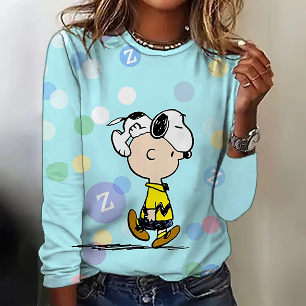 Kawaii Cartoon Women\'s T-shirt Cute Snoopy Round Neck Long Sleeve T-shirt Fashion Printed Large Casual T-shirt Autumn