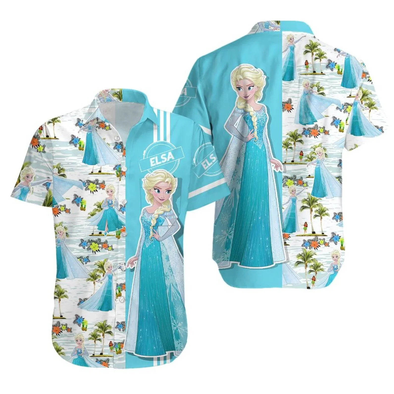 Disney-camisa hawaiana de manga corta para hombre y mujer, camisa Floral de Elsa y Frozen, Princesa de Disney, camisa hawaiana de playa de verano