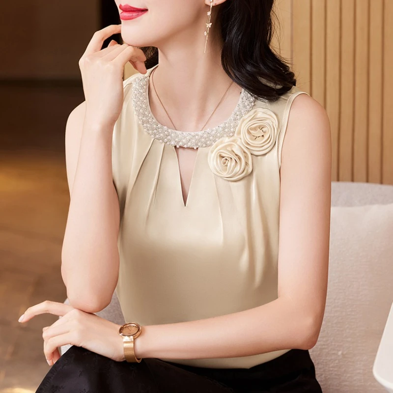 

2025 New Satin Women's Blouse Fashion Elegant Vest OL Summer O-Neck Sleeveless Solid Female Clothing Flower Pearl Ladies Tops