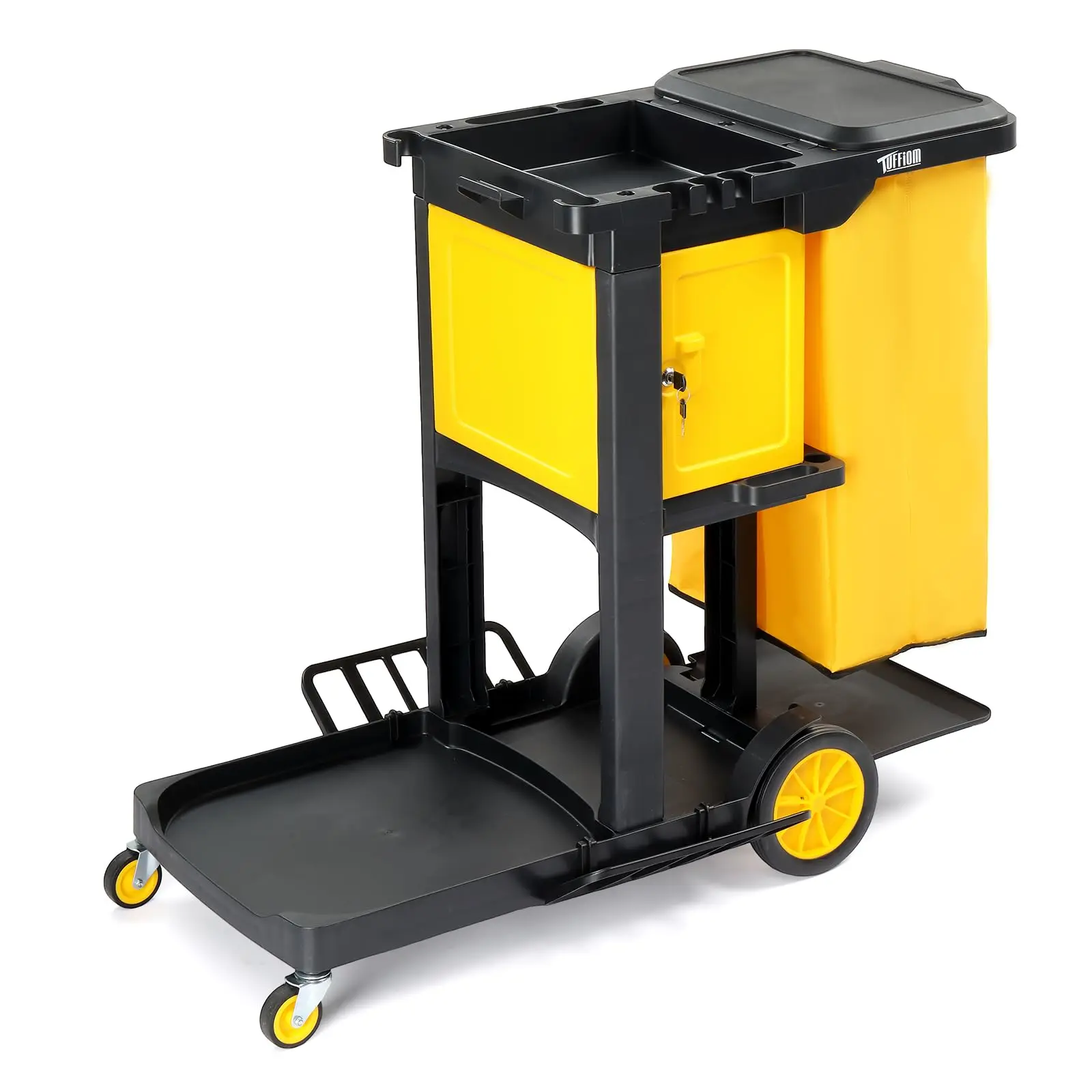 Janitorial Cart with Key-Locking Cabinet, 3-Shelf Commercial Cleaning Cart, Housekeeping Caddy with Locker,Wheeled with