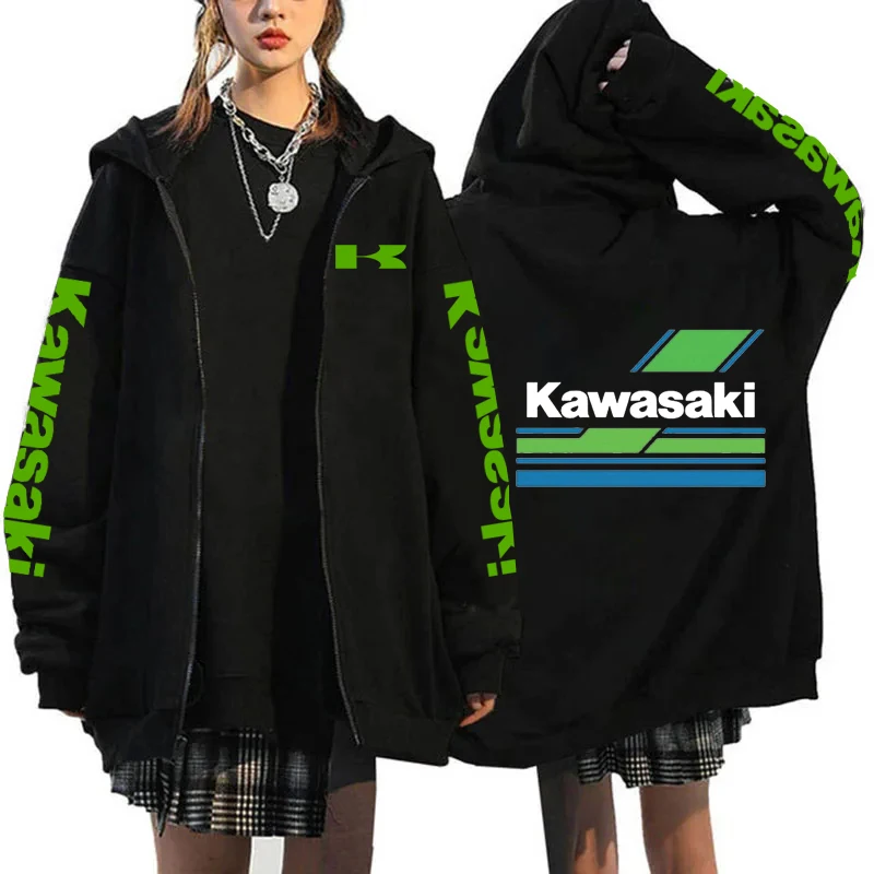 Kawasaki motosiklet logosu erkekler fermuar Hoodie 2024 İlkbahar sonbahar Y2K moda erkek kazak 2024 yeni spor kadın ceket mont