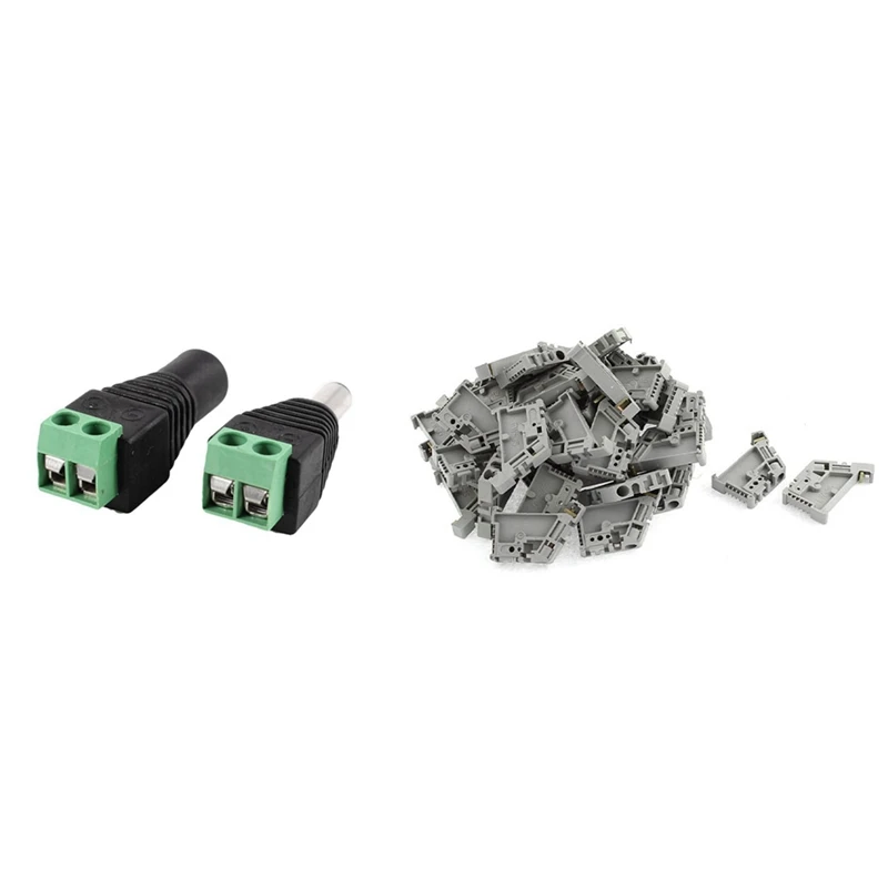 2Pcs Plug Male And Female 5.5 X 2.1 Mm DC Jack & 50Pcs 35Mm DIN Rail Terminal Block End Stopper Mounting Clips