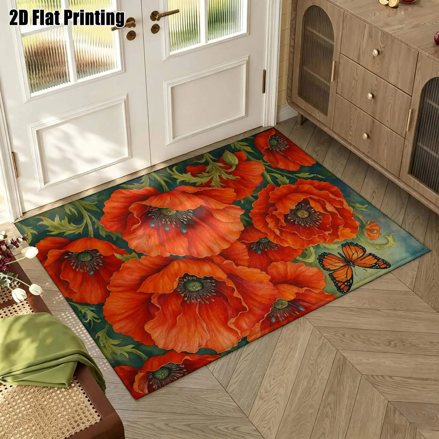 1Pc 2D Printed Carpet: Red Poppy & Butterfly Patterns, Nordic/Instagram/Modern Minimalist/Vintage European Style, Multi-Size, Machine Washable, for Entrance/Dining Room/Foyer/Bedroom/Living Room Home Decor