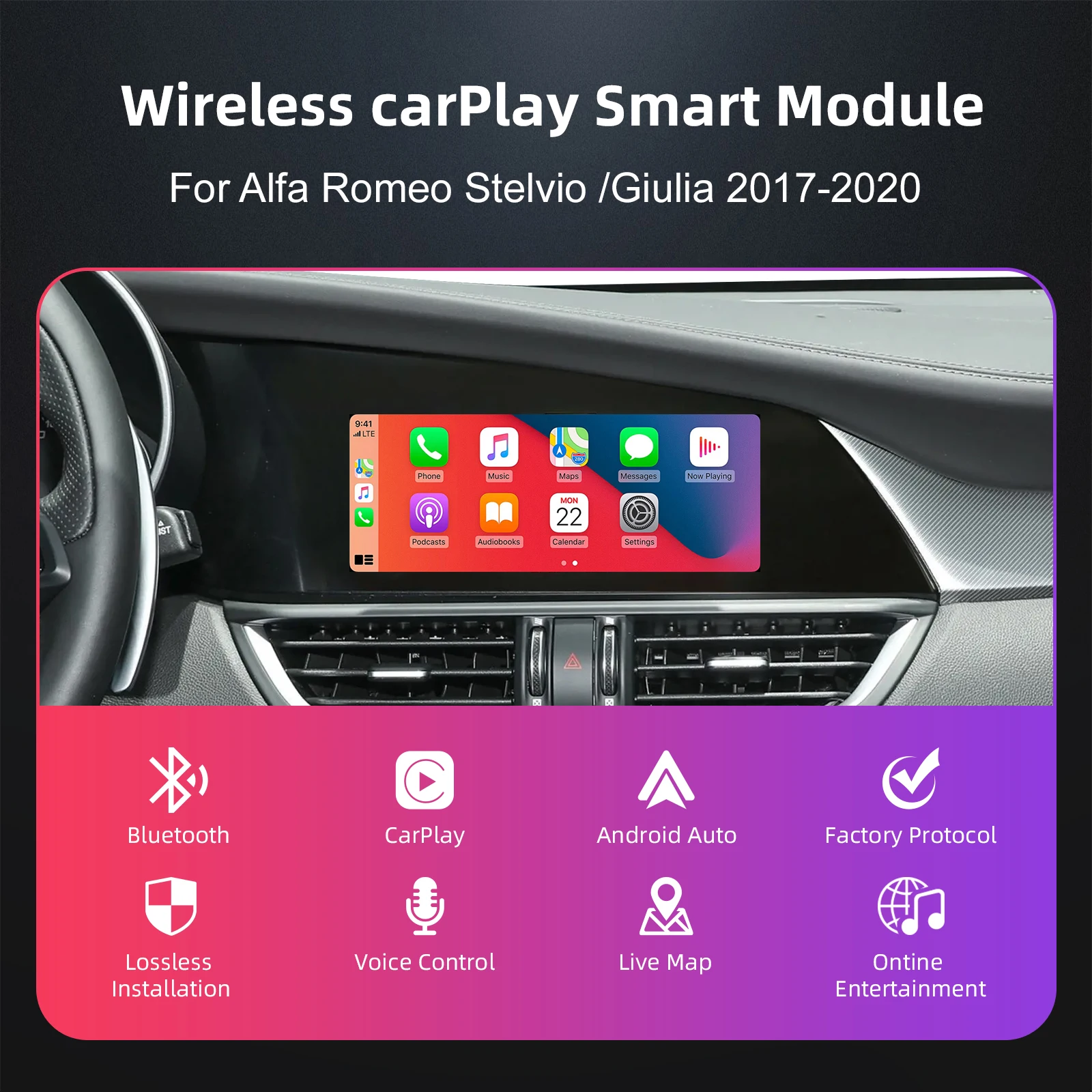 Wireless CarPlay Android Auto Retrofit Kit for Alfa Romeo Giulia Stelvio Retain OEM Uconnect Screen & Control 360 Camera Support