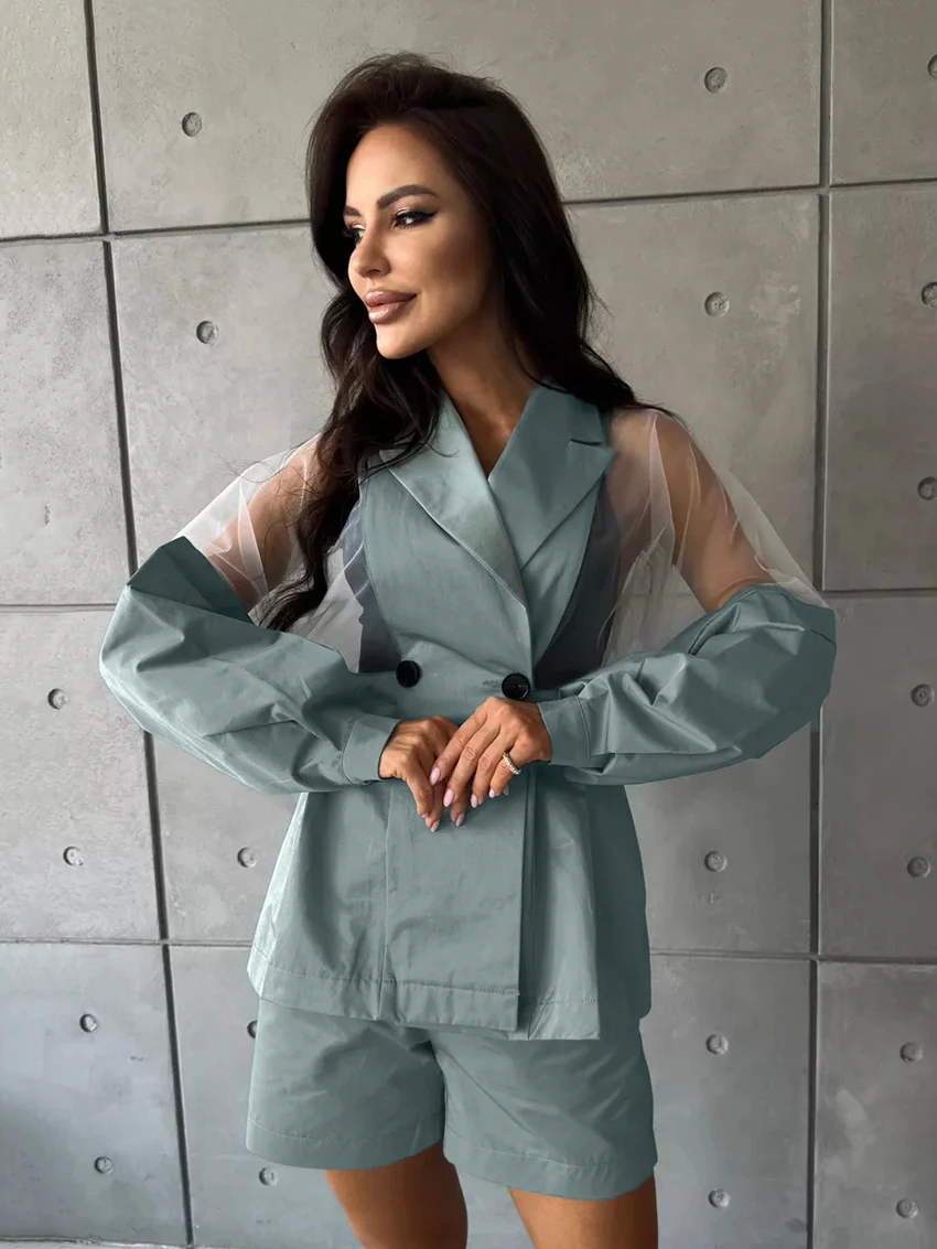 

Marthaqiqi Green Female Sleepwear Set Sexy Turn-Down Collar Pajamas Long Sleeve Nightgowns Shorts Casual Women'S Nightwear Suit