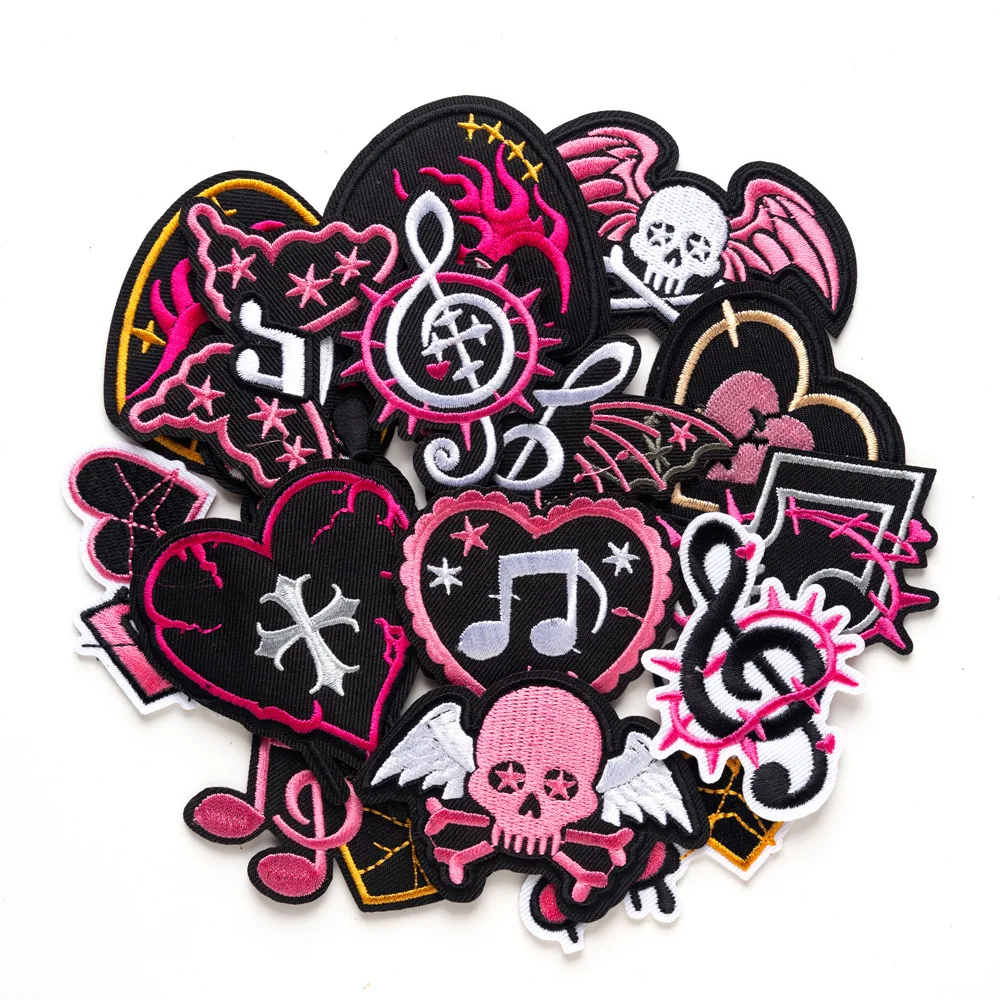Gothic Punk Embroidery Patch Music Note Iron on Patch Skull Applique Stickers Sewing DIY Jacket Backpack Clothes Repair Decor
