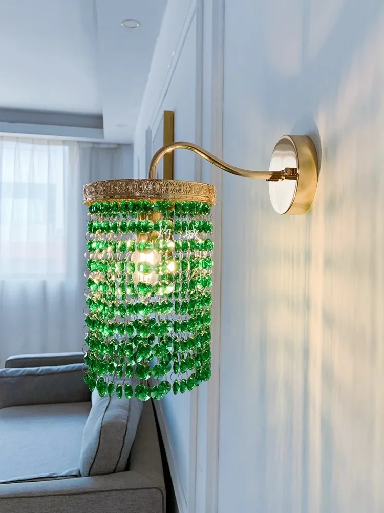 French Romantic Dark Green/Clean Crystal Bedside Wall Lamp Retro Fresh Corridor TV Background Wall Gold Light Luxury Wall Lamps