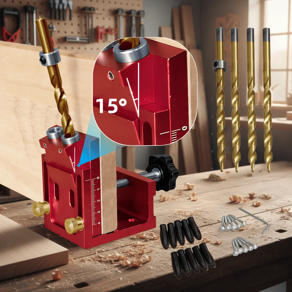 

Набор для сверления карманов (26 предметов) с направляющей для дрели, ступенчатым сверлом, деревянными заглушками и шурупами для столярных работ, регулируемый направляющий шаблон для дрели