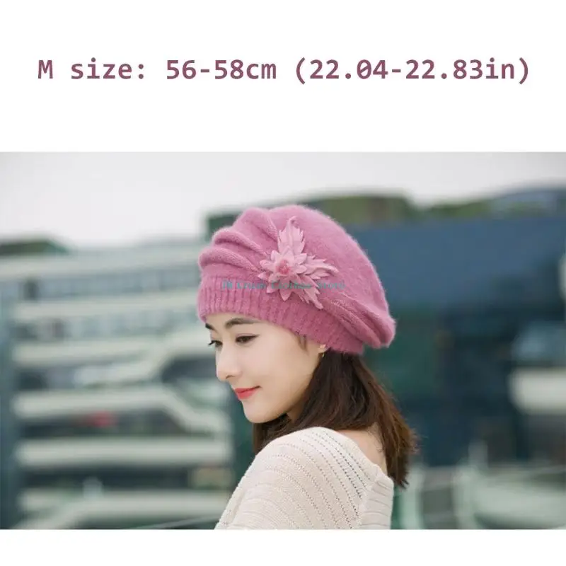 K1ME رشاقته فراء الأرانب محبوك Brimless زهرة الديكورات الشتاء قبعة يندبروف أغطية الرأس