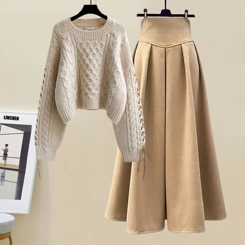 

Вязаный свитер Sweet Sle и юбка с высокой талией, комплект из двух предметов, женский модный повседневный осенний Новое поступление, тренд Laidba