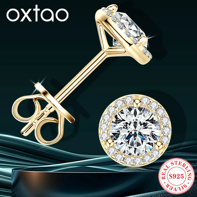 

﻿ OXTAO GRA Moissanite Stud Earring 5mm 6.5mm 8mm Ladies Real 925 Silver Sparkling Piercing Earrings Wedding Jewelry Gift