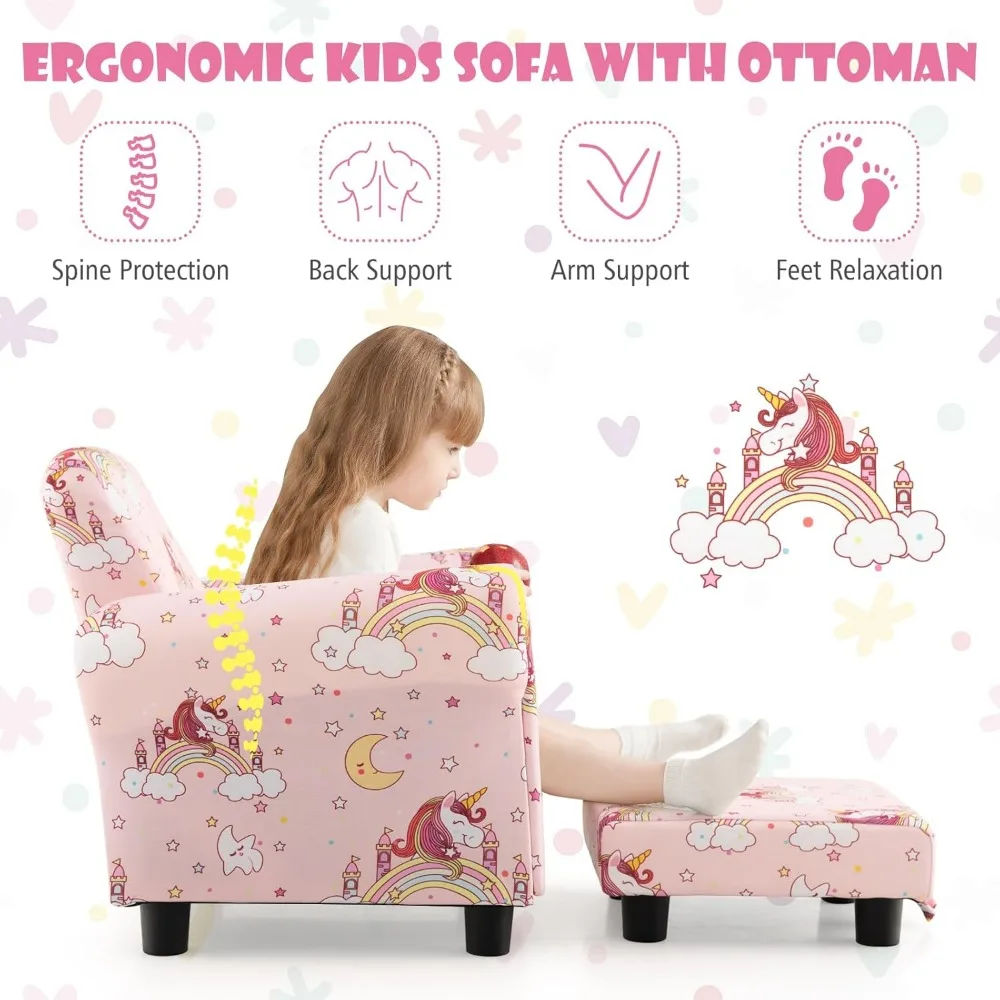 Kids Couch with Footstool, Upholstered Children's Sofa Chair for Play Room, Nursery, Kindergarten, Kids Room,for 0-5 Years Old