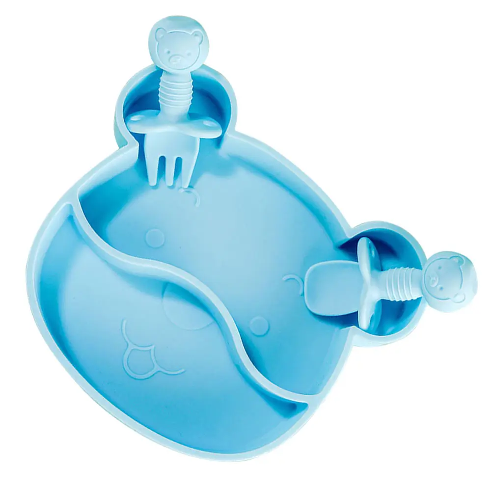 

Silicone Plate Children Tableware Baby Compartment Dinner Blue Bowls Food Grade Safe Durable Cartoon Bear Portable Practical