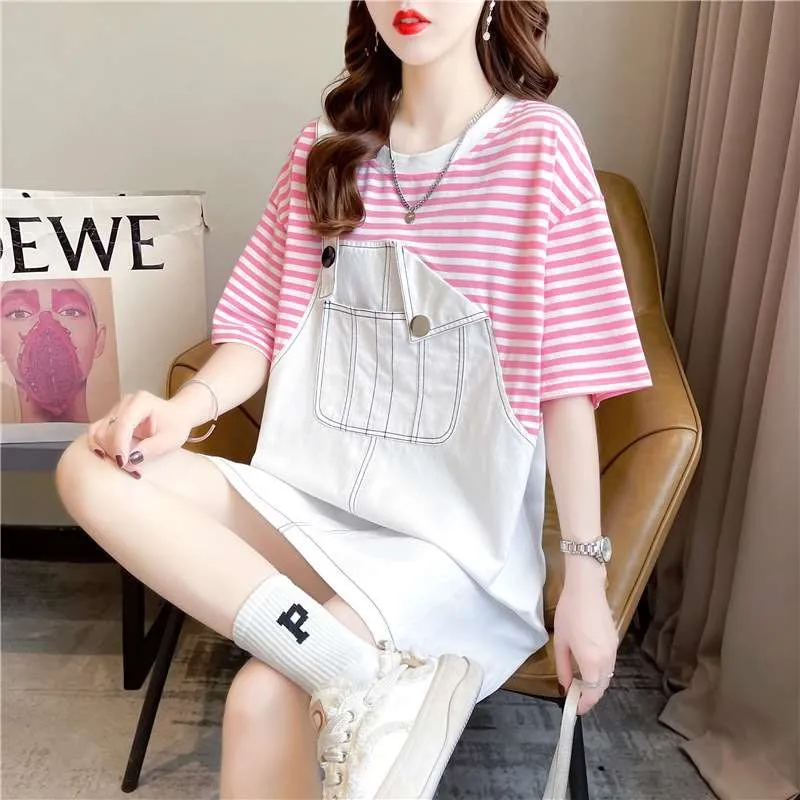 

Летняя свободная женская полосатая футболка ort Sve Casual Sle, круглая футболка из полиэфирного волокна Ne средней длины с принтом