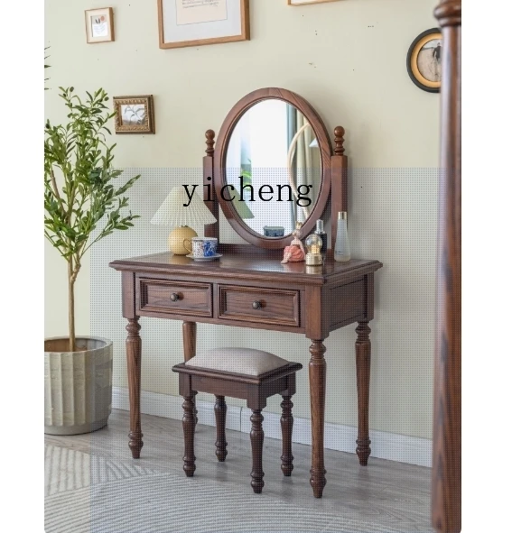 

HXL All Solid Wood Vintage Dressing Table Makeup Stool Combination Small Apartment Bedroom Makeup Table