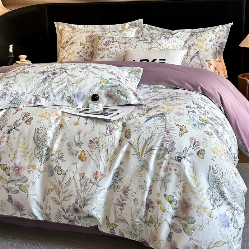 

600TC Egyptian Cotton Flowers Butterfly Print Bedding Set Single Double Queen King Size Duvet cover Set Bed Sheet Pillowcases