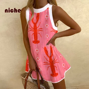 Y2k 스타일 여성 민소매 Dresse 핑크 만화 랍스터 인쇄 패션 트렌드 비치 소녀 파티 드레스 여성 의류