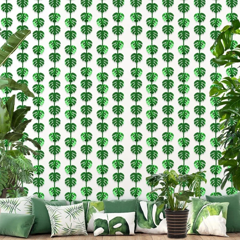 1 x 2 m, grüne tropische Palmenblätter, Lametta-Folie, Fransenvorhänge, hawaiianische Party, Fotohintergrund, Kinder-Dschungel-Geburtstagsparty-Dekorationen