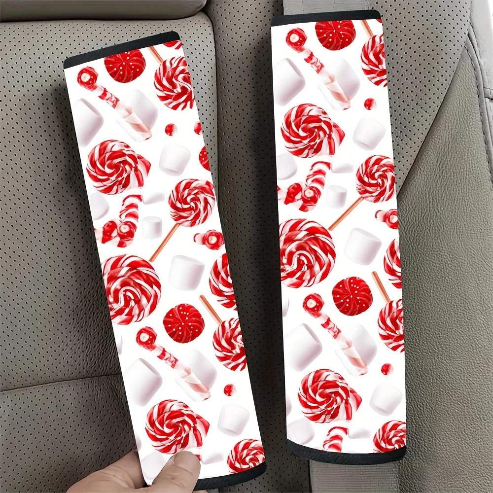 2pcs Car Seat Belt Covers with Cute Candy Cane Lollipop Pattern Soft Lap Shoulder Belt Protectors Buckle Design Fit All Vehicles