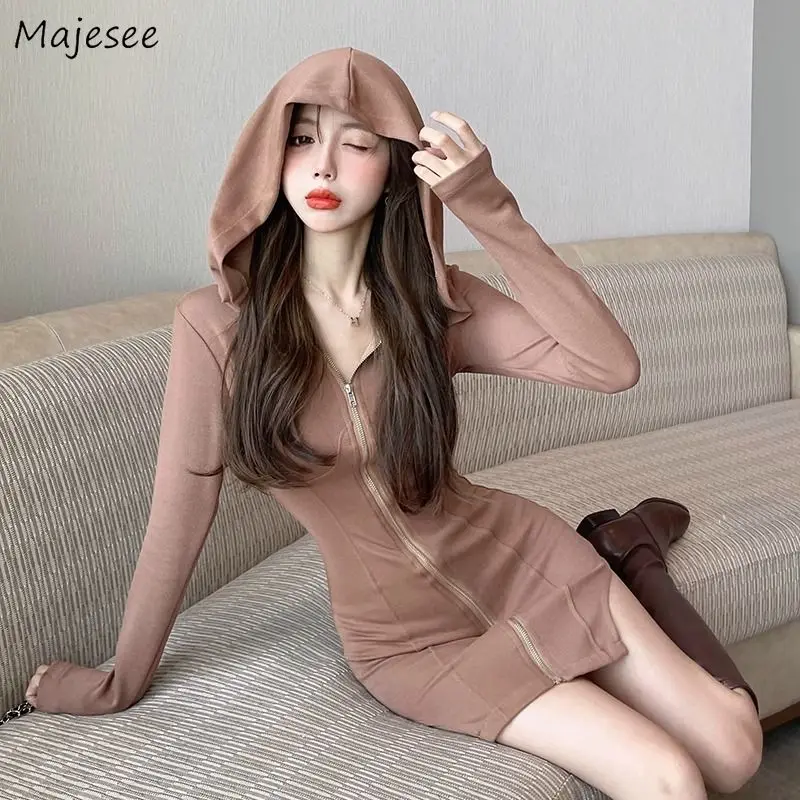 Long Sleeve Dresses Women Simple Solid Hooded Mini Dress Hot Girls Side-slit Zip Up Kpop Street Slim Casual All-match Trendy Ins