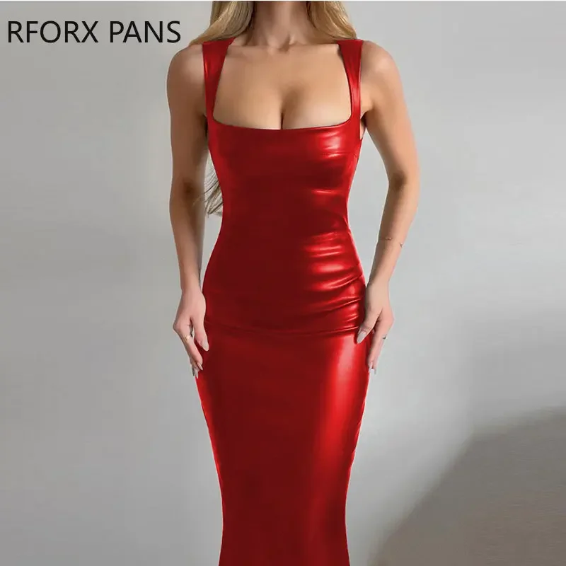 

Women Pu Leather Sleeveless Low Cut Bodycon Dress Zipper Party Sexy Dress