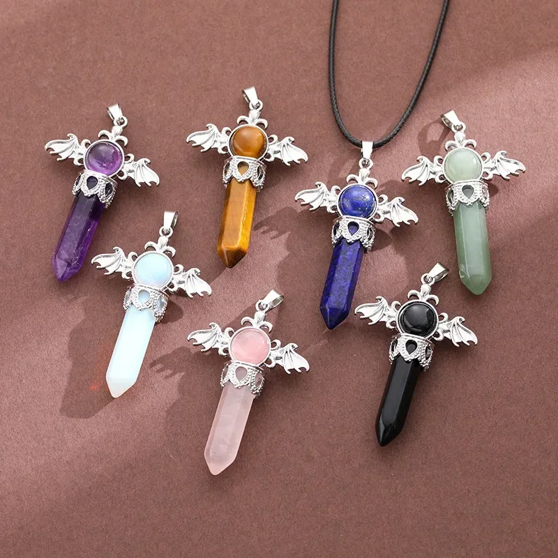 JOYA GIFTNew Hand Carved Natural Crystal Angel Wings Hexagonal pointed pillar Pendant Healing Crystal Calm the Mood Jewelry Gift