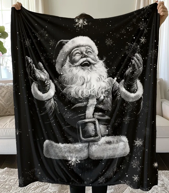 Gothic Santa Christmas Blanket, Dark Academia Holiday Throw, Vintage Snowy Santa Art Xmas Decor, Cozy Fleece Winter Blanket