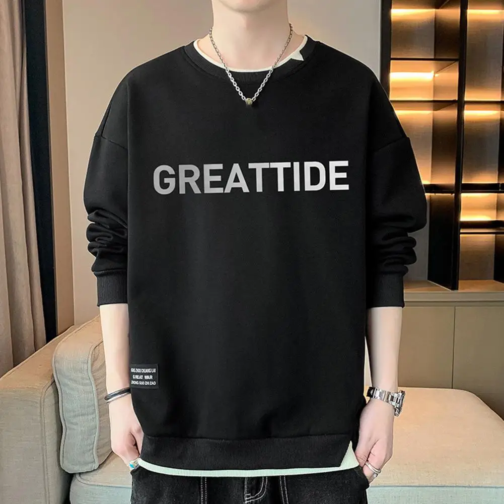 

Round Neck Sweatshirt Men's Letter Print Fake Two-piece Sweatshirt with Elastic Cuff Hem for Fall Winter Casual Wear Winter