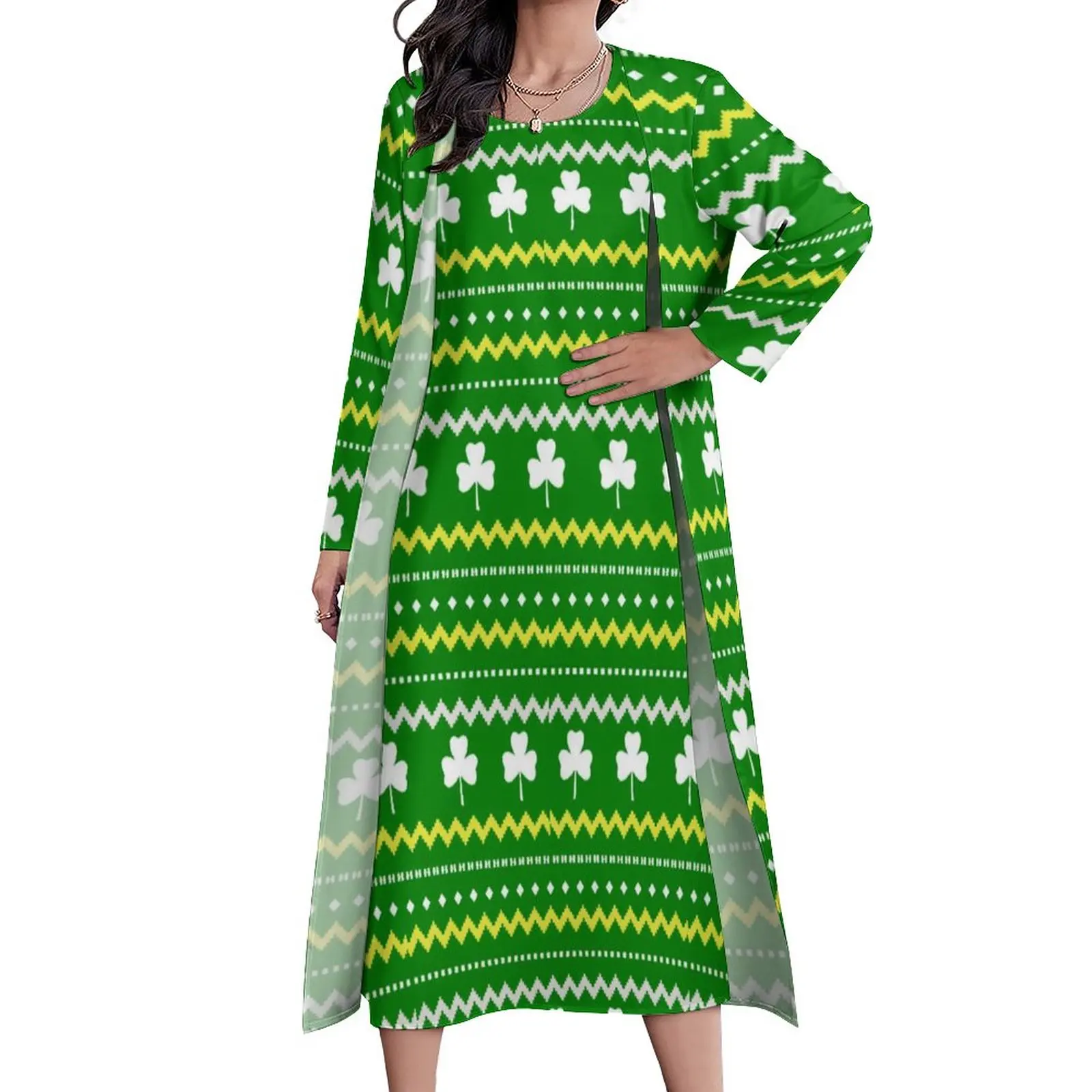 

St Patricks Day Dress Vintage Fair Isle Kawaii Maxi Dress Streetwear Boho Beach Dresses Long Sleeve Graphic Oversized Vestidos