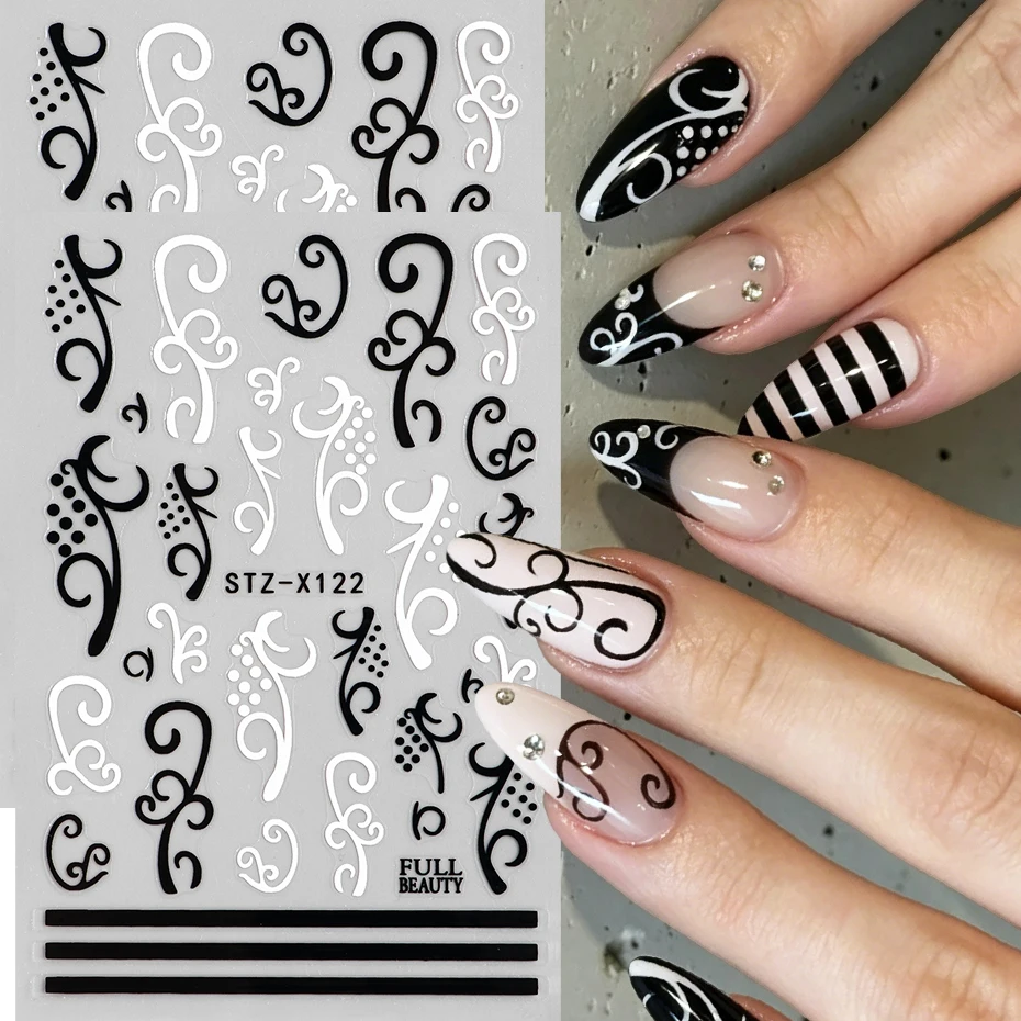 2pcs Black White Swirl Vine Nail Art Stickers Striped Polka Dots Y2K Nail Art Decals Wedding/Party Nail Decorations Supplies