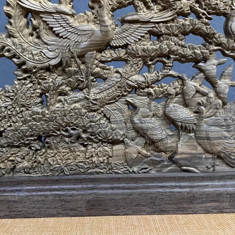 Hand Carved Dark Wooden Hundred Birds Facing Phoenix Sculpture - Auspicious Ornament Home Office Decor Gift Collectible