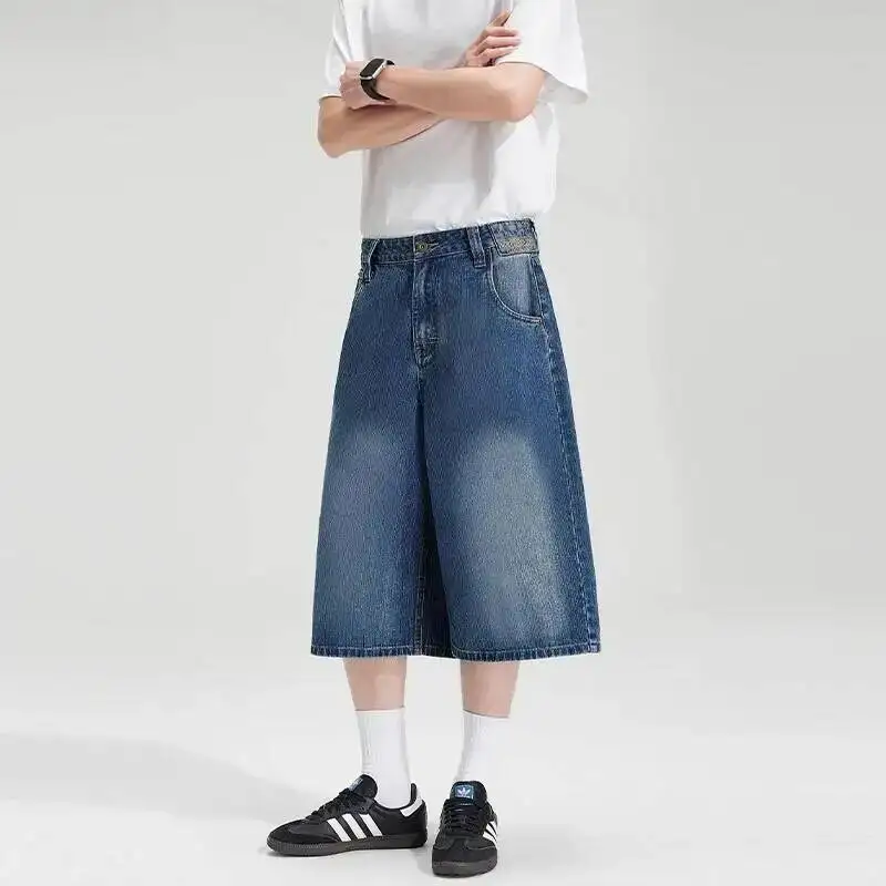 

Vintage Men's Washed Denim Shorts Wide Leg Baggy Fit Knee Length Streetwear Casual Premium Blue Jeans 9X3NLY